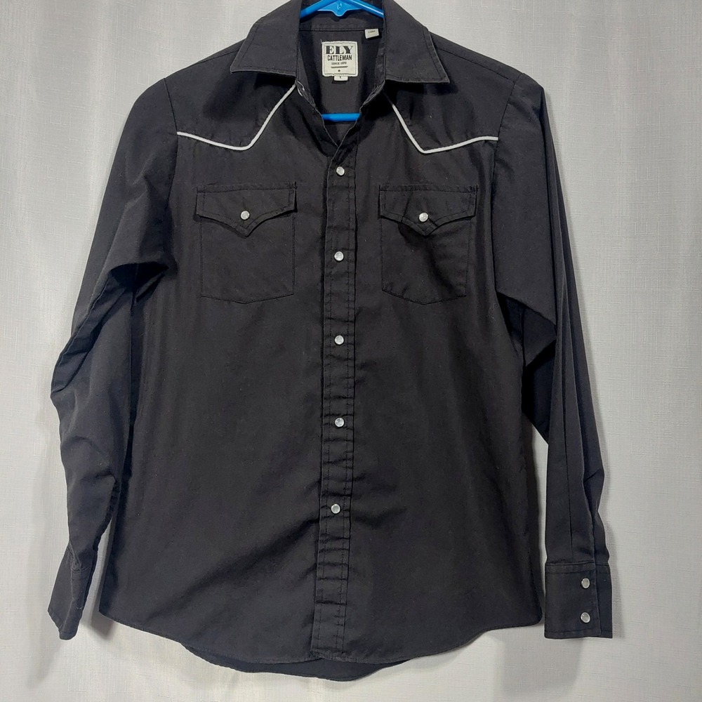 Ely Cattleman Youth L Pearl Snaps‎ Western Rodeo Shirt Black Long Sleeve Pockets